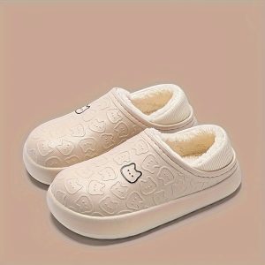 Waterproof Cotton Slippers For Women, Winter Home, Indoor And Household Use, Anti Slip Plush Teddy Bear Bag, Thick Soled Cotton Shoes With Heel