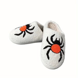 Women Halloween Warm Home Slippers Cartoon Spider Print Plush Indoor Slippers Shoes