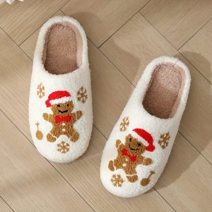 Unisex Warm Cotton Slippers, 2024 New Style, Half-Boot, Non-Slip, Thick Sole, Cartoon Gingerbread Design, Indoor Home Slipper for Men and Women, Fabric Outer, Fabric Lining, TPR Sole, Round Toe, Casual Daily Wear