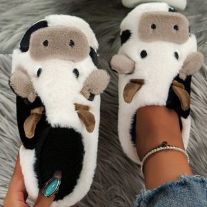 1 Pair Women'S Cozy Cartoon Cow Slippers, Casual Plush Warm Cotton Lined Indoor House Shoes, Fabric Upper, TPR Sole, Fabric Insole