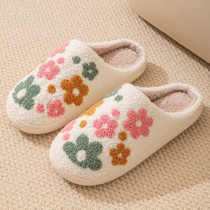 Women's Floral Slippers, Cozy Cotton Home Slippers, Casual Style, All-Season, Washable Fabric, TPR Sole, No Print, Indoor Footwear