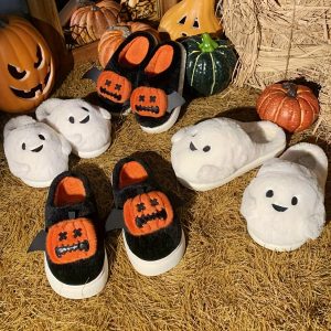 Women's Halloween Plush Slippers, Cartoon Pumpkin Design, Indoor Warm Slippers, Anti-Slip EVA Sole, Casual Style, Hand Washable, Home & Outdoor Wear