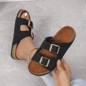 Women's Double Buckle Bands Slides, Lightweight Flat Soft Sole Walking Slides, Summer Holiday Slides