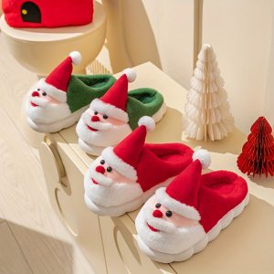 Santa Claus Design Winter Warm Plush Slippers for Women and Men, Casual Solid Color Slip-on House Shoes with Soft Fabric Upper and EVA Sole, Hand Washable Cozy Christmas Indoor Footwear - Festive Gift Item