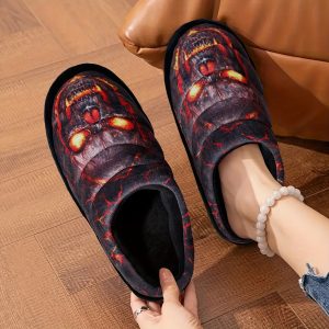 Magma skull Women's Slippers, Cozy Plush Slippers for Women Indoor, Soft Bedroom Slip On Shoes, Non-slip rubber sole, Gift for women, Halloween Gifts