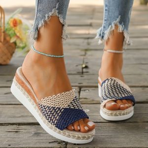 Women's Hand-Woven Strappy Wedge Slides with Open Toe, Breathable & Lightweight for Beach