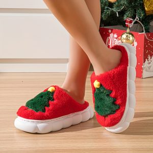 Men's Christmas Style Tree Pattern Hollow Out Slides, Comfy Non Slip Thermal Casual Fuzzy Slippers, Men's Indoor Bedroom Shoes