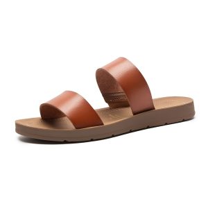 Women's Solid Color Flat Sandals, Slip On Double Straps Open Toe Casual Lightweight Slides Shoes, Summer Comfy Daily Shoes