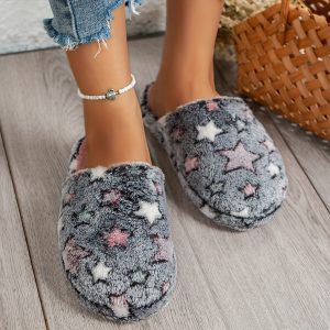 Indoor Soft Cotton Slippers With Star Print In Multiple Colors, Quiet And Warm At Home, Plush Slippers, Women's Cotton Slippers